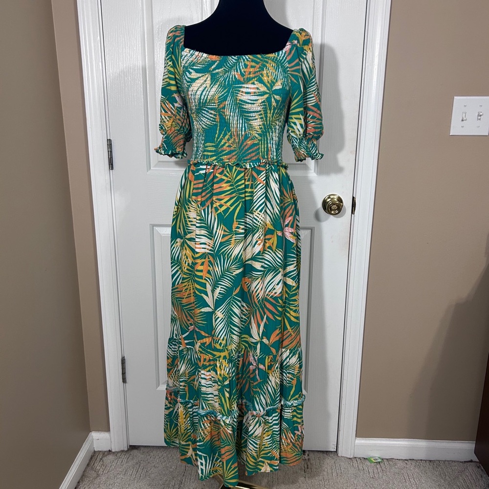 Betsey Johnson Smocked Floral Tropical Maxi Dress Teal Green Rayon Boho Medium
